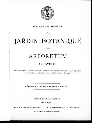 Cover for Sur l'établissement d'un jardin botanique et d'un arboretum à Montréal