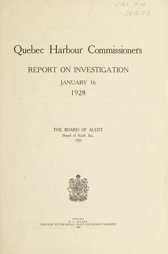 Cover for QUEBEC HARBOUR COMMISSIONERS REPORT ON INVESTIGATION, JANUARY 16, 1928