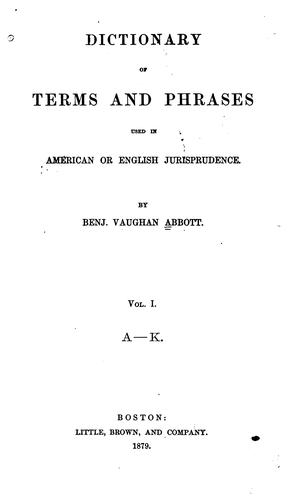 Cover for Dictionary of terms and phrases used in American or English jurisprudence.