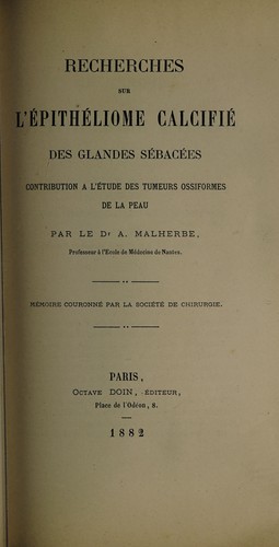 Cover for Recherches sur l'épithéliome calcifié des glandes sébacées