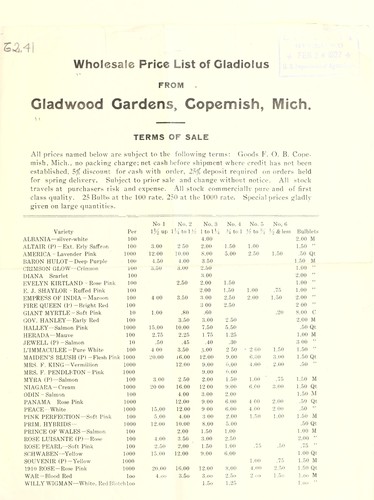 Cover for Wholesale price list of gladiolus from Gladwood Gardens ; [C. W. Wood]