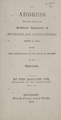 Cover for An address delivered before the Providence Association of Mechanics and Manufacturers, April 9, 1810: being the anniversary of the choice of officers in the association.