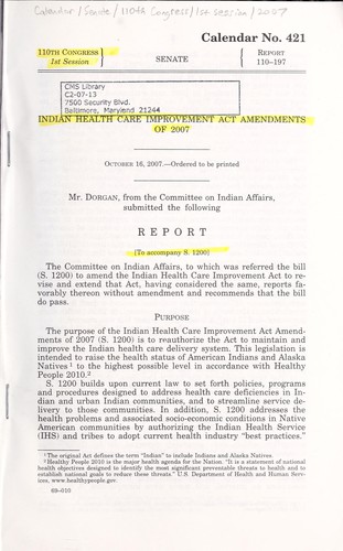 Cover for Indian Health Care Improvement Act Amendments of 2007