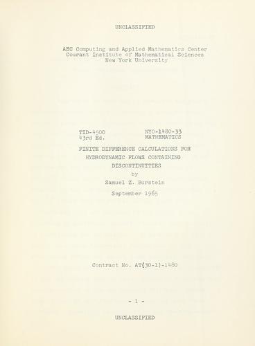 Cover for Finite difference calculations for hydrodynamic flows containing discontinuities.