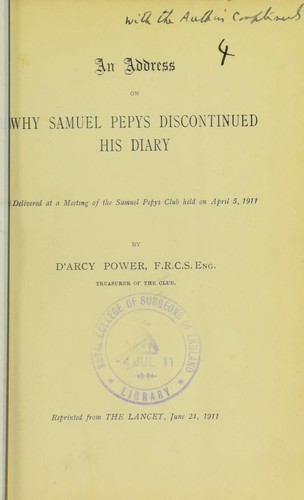 Cover for An address on why Samuel Pepys discontinued his diary