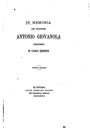 Cover for In memoria del senatore Antonio Giovanola: discorso