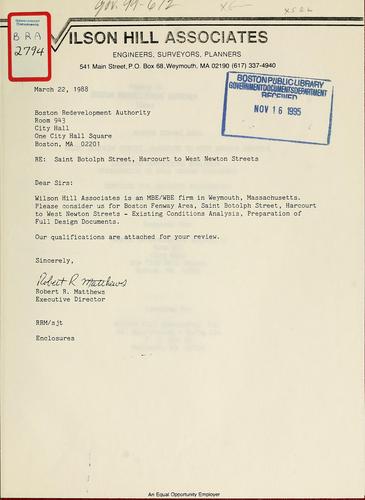 Cover for Boston fenway area, saint botolph street, harcourt to west Newton streets, existing conditions analysis, preparation of full design documents, services for resident engineering