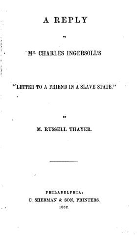 Cover for reply to Mr. Charles Ingersoll's "Letter to a friend in a slave state."