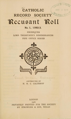Cover for Recusant Roll, No. I., 1592-3