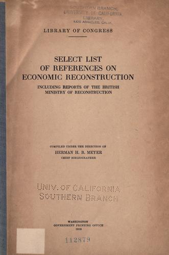 Cover for Select list of references on economic reconstruction