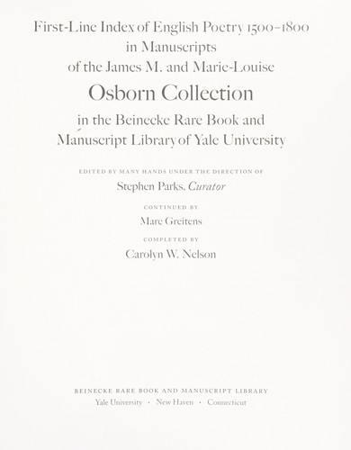 Cover for First-line index of English poetry, 1500-1800, in manuscripts of the James M. and Marie-Louise Osborn Collection in the Beinecke Rare Book and Manuscript Library of Yale University