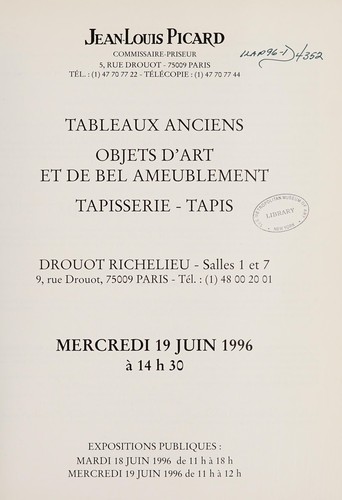 Cover for Tableaux anciens, objets d'art et de bel ameublement, tapisserie, tapis