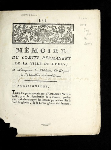 Cover for Me moire du comite  permanent de la ville de Douay, a Nosseigneurs les pre sidens & de pute s a   l'Assemble e nationale