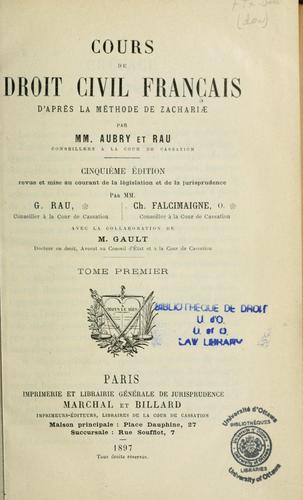 Cover for Cours de droit civil français d'après la méthode de Zachariae