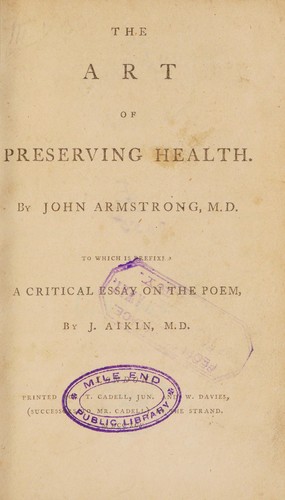Cover for The art of preserving health ... To which is prefixed a critical essay on the poem