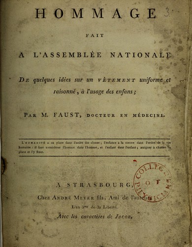 Cover for Hommage fait a l'Assemblée nationale de quelques idées sur un vêtement uniforme et raisonné, à l'usage des enfans
