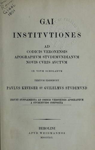 Cover for Institutiones ad Codicis Veronensis apographum Studemundianum