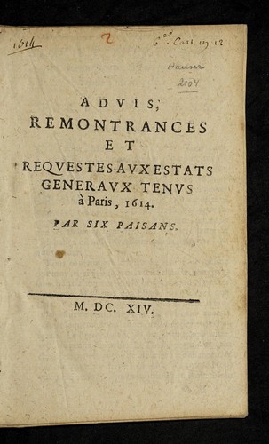 Cover for Advis, remonstrances et reqvestes avx estats generavx tenvs a   Paris, 1614
