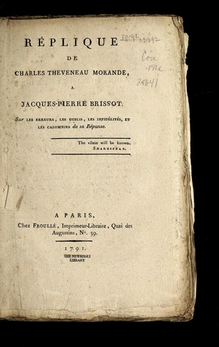 Cover for Re plique de Charles Theveneau Morande, a Jacques-Pierre Brissot