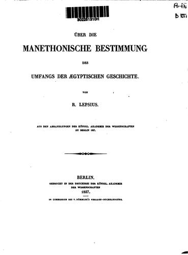 Cover for Über die Manethonische bestimmung des umfangs der ægyptischen geschichte