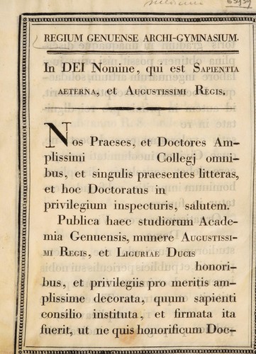 Cover for Regium Genuense Archi-Gymnasium. In Dei Nomine, qui est Sapientia aeterna, et Augustissimi Regis. Nos praeses, et doctores amplissimi [blank] Collegj omnibus, et singulis praesentes litteras, et hoc Doctoratus in [blank] privilegium inspecturis, salutem