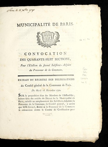 Cover for Convocation des quarante-huit sections pour l'election du second substitut-adjoint du procureur de la commune