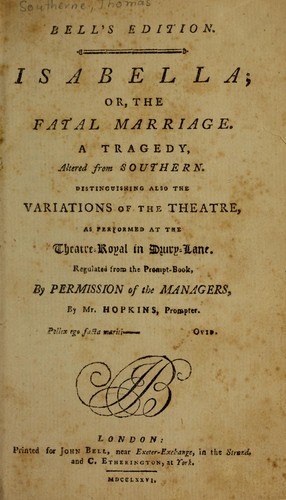 Cover for Isabella, or, The fatal marriage