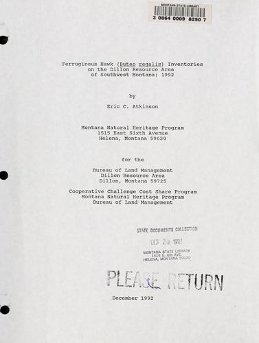Cover for Ferruginous hawk (Buteo regalis) inventories on the Dillon Resource Area of southwest Montana; 1992