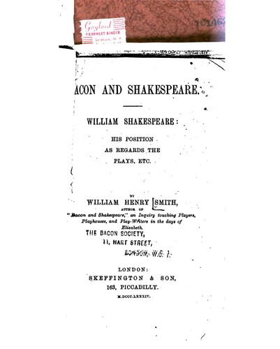 Cover for Bacon and Shakespeare: His Position as Regards the Plays, Etc