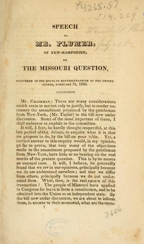 Cover for Speech of Mr. Plumer, of New-Hampshire, on the Missouri question