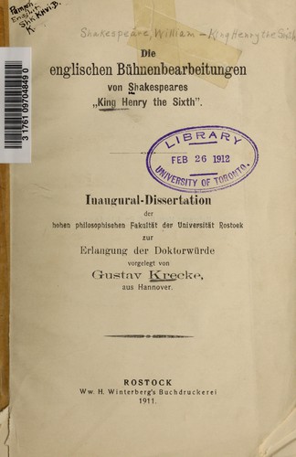 Cover for Die englischen Bühnenbearbeitungen von Shakespeares "King Henry the Sixth."