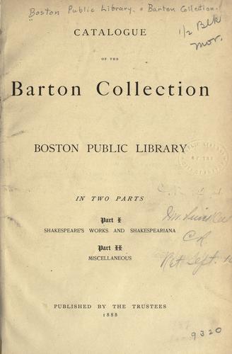 Cover for Catalogue of the Barton collection, Boston public library.