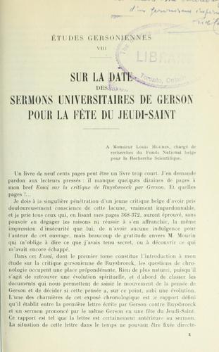 Cover for Sur la date des sermons universitaires de Gerson pour la fête du Jeudi-Saint