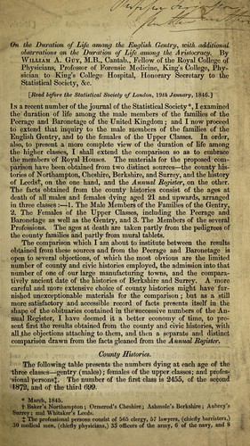 Cover for On the duration of life among the English gentry, with additional observations on the duration of life among the aristocracy