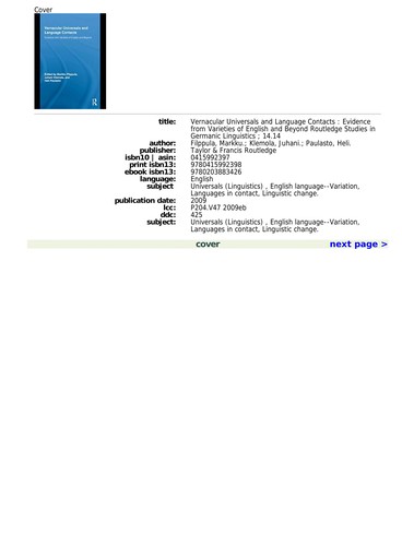 Cover for Vernacular universals and language contacts