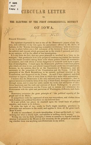 Cover for Circular letter to the electors of the First congressional district of Iowa.