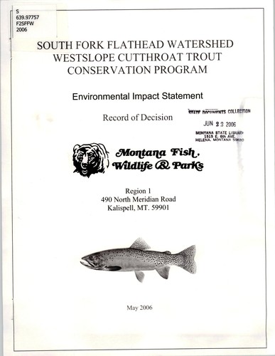 Cover for South Fork Flathead watershed westslope cutthroat trout conservation program