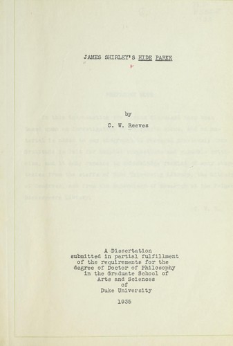 Cover for James Shirley's Hide Parke