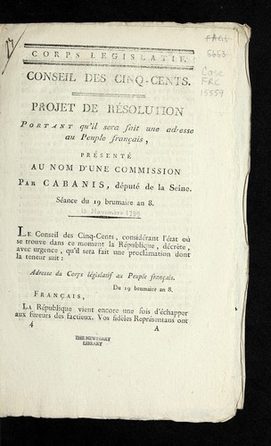 Cover for Projet de re solution portant qu'il sera fait une adresse au peuple franc ʹais, pre sente  au nom d'une commission