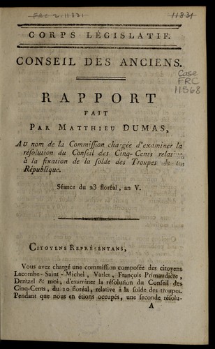 Cover for Rapport fait par Matthieu Dumas, au nom de la commission charge e d'examiner la re solution du Conseil des cinq-cents relative a   la fixation de la solde des troupes de la Re publique