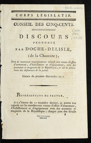Cover for Discours prononce  par Doche-Delisle (de la Charente), sur de nouveaux renseignemens relatifs aux ventes d'effets d'armement, d'habillement et d'e quipement, tire s des arsenaux et magasins de la Re publique, et sur le de nuement des de fenseurs de la patrie