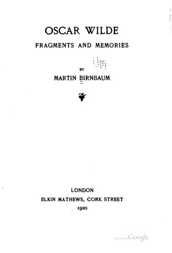 Cover for Oscar Wilde, Fragments and Memories: Fragments and Memories