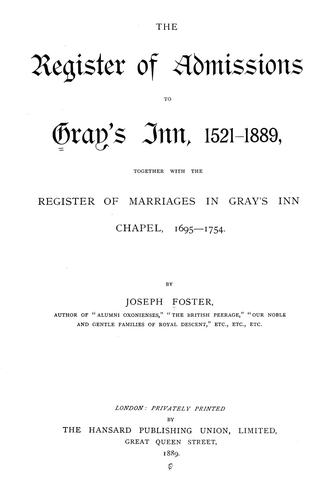Cover for The register of admissions to Gray's Inn, 1521-1889