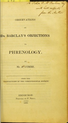 Cover for Observations on Dr Barclay's objections to phrenology