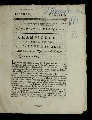 Cover for Championnet, ge ne ral en chef de l'Arme e des Alpes, aux citoyens du de partement de Vaucluse