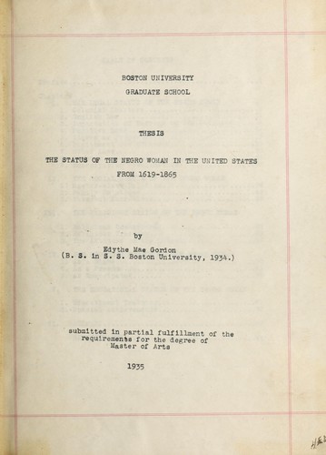 Cover for Status of the negro woman in United States from 1619 to 1865