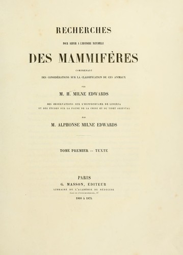 Cover for Recherches pour servir à l'histoire naturelle des mammifères