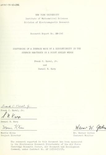 Cover for Scattering of a surface wave by a discontinuity in the surface reactance on a right angled wedge