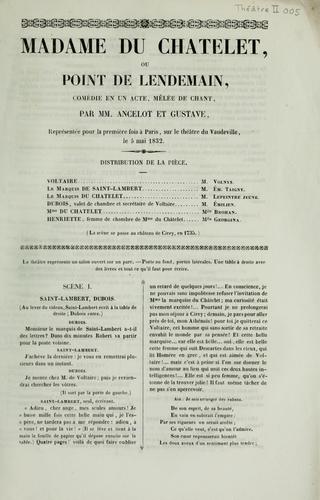 Cover for Madame du Chatelet , ou Point de lendemain