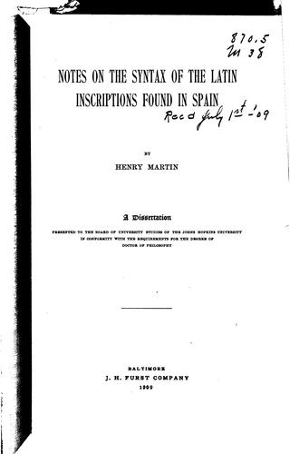 Cover for Notes on the Syntax of the Latin Inscriptions Found in Spain